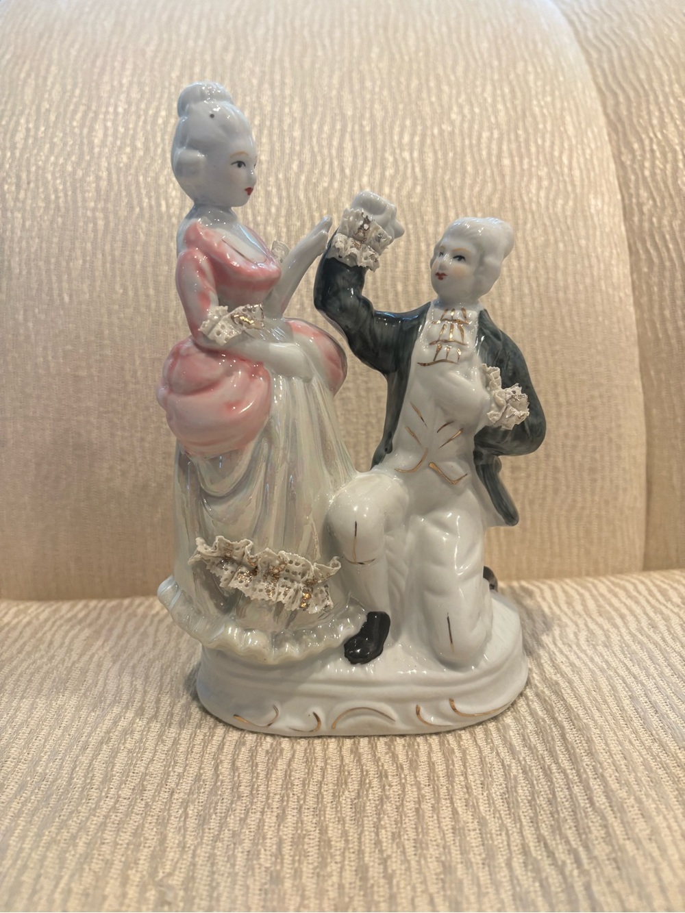 Vintage Porcelain Courting Couple Figurine 7” Dresden Style Lace Pink Gold